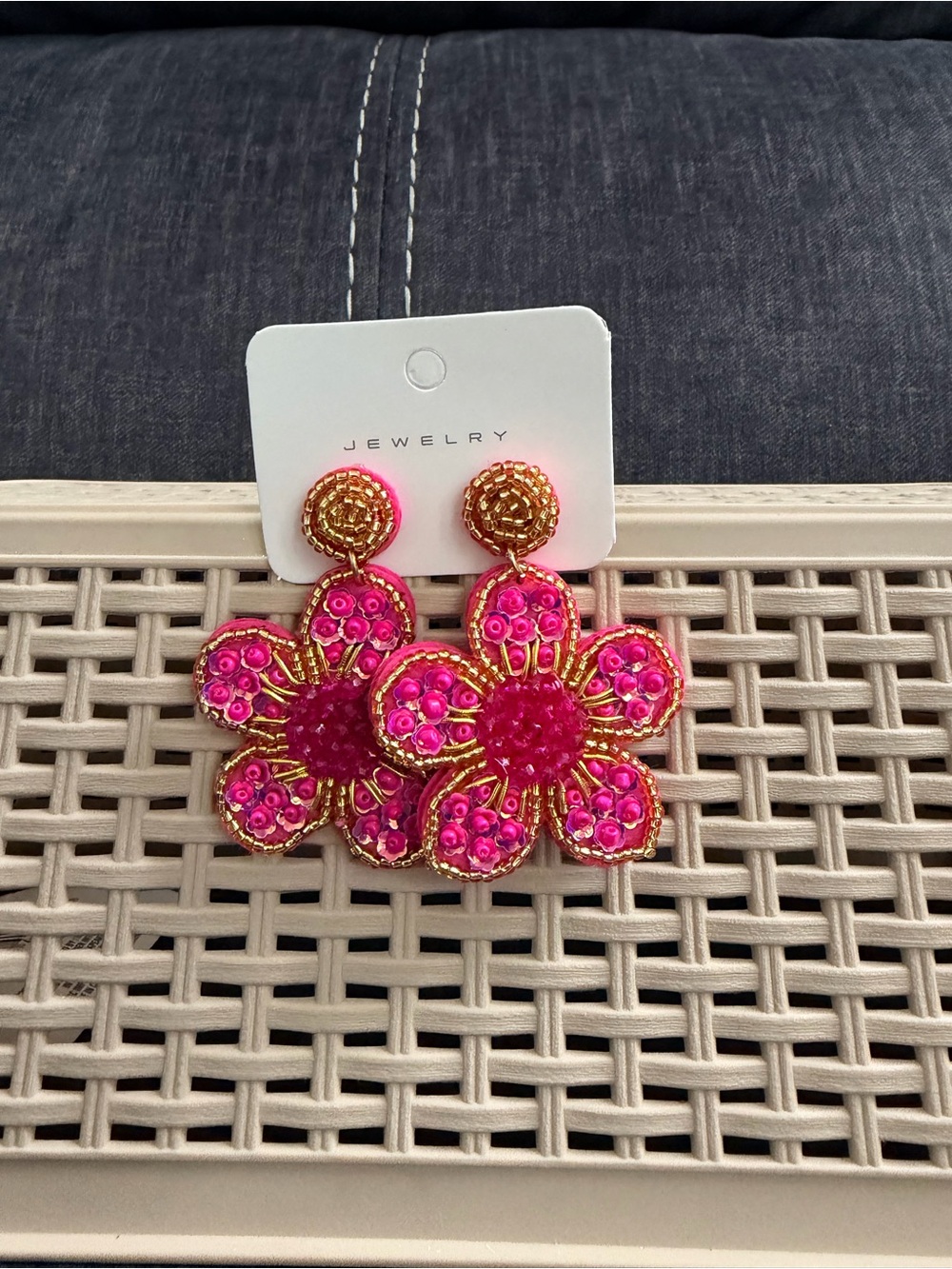 Hot Pink and Gold Beaded Flower Drop Earrings